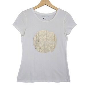 Calvin Klein Women White Premium Stretch Gold Foil Circle Logo T-Shirt M